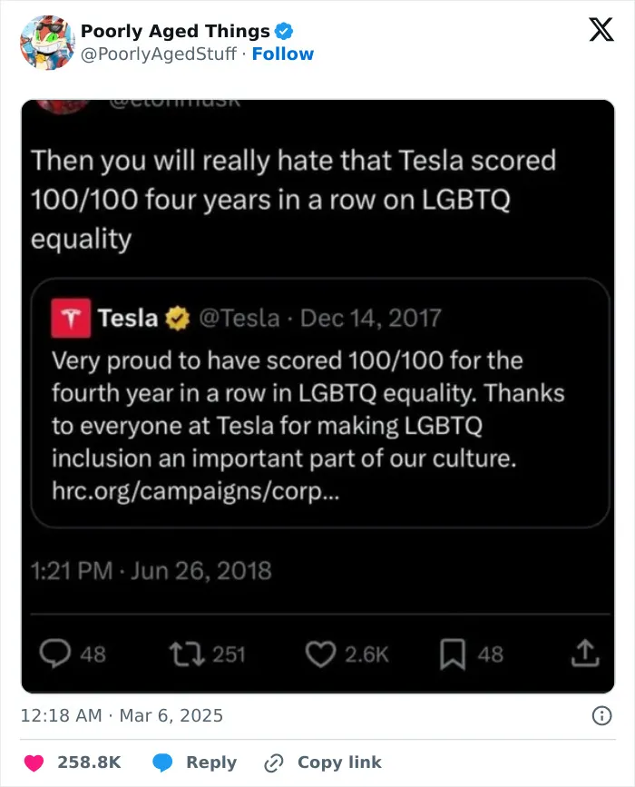 A social media post highlight of a tweet about Tesla that aged so poorly on its LGBTQ equality score