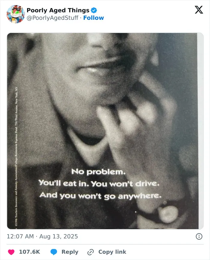 An old vintage advertisement illustration showing aged so poorly claims about not driving or going anywhere