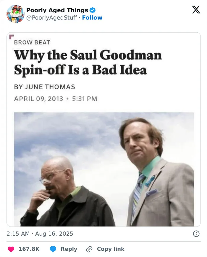 An article headline about why the Saul Goodman spin-off is a bad idea, showing poorly aged pop culture predictions.