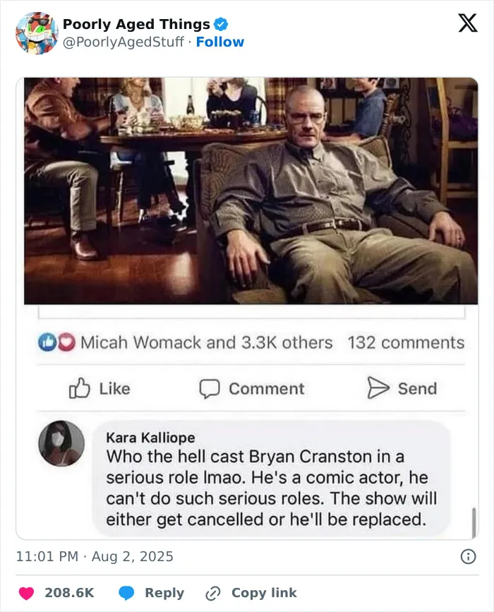 A poorly aged Facebook comment predicting Bryan Cranston as Walter White in Breaking Bad would fail.