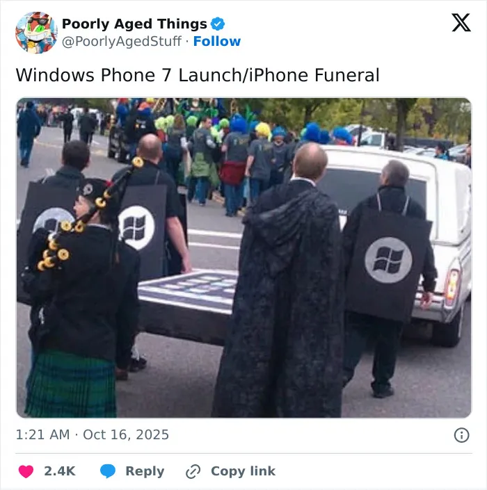 A mock funeral procession for the iPhone at a Windows Phone launch, showcasing things that aged poorly.
