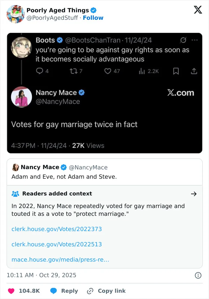 A tweet by Nancy Mace about gay marriage which aged poorly, shown alongside conflicting community notes.