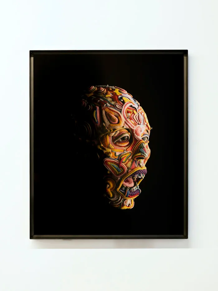 Framed portrait of a human face made of colorful textile patterns, showing unusual sculptures style.