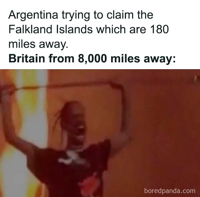 Meme about Argentina claiming Falkland Islands and Britain's response 8000 miles away