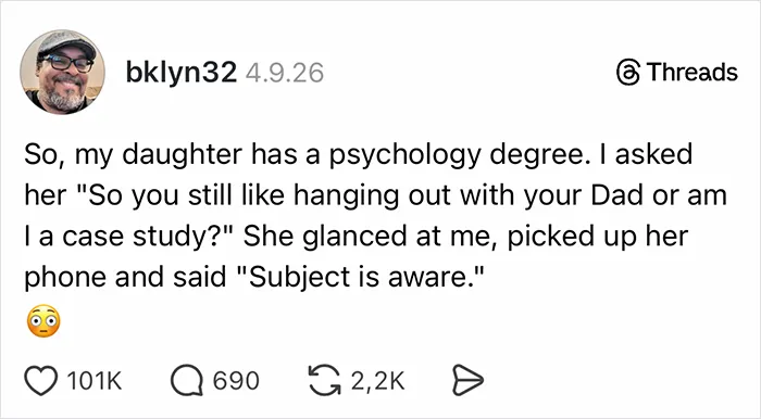 Social media post of parents sharing stories about a daughter jokingly treating her dad as a psychology case study.