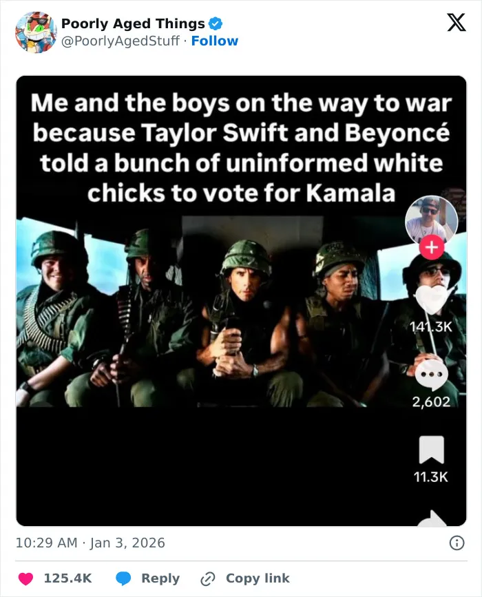 An online post featuring soldiers from Tropic Thunder as an example of things that aged poorly.