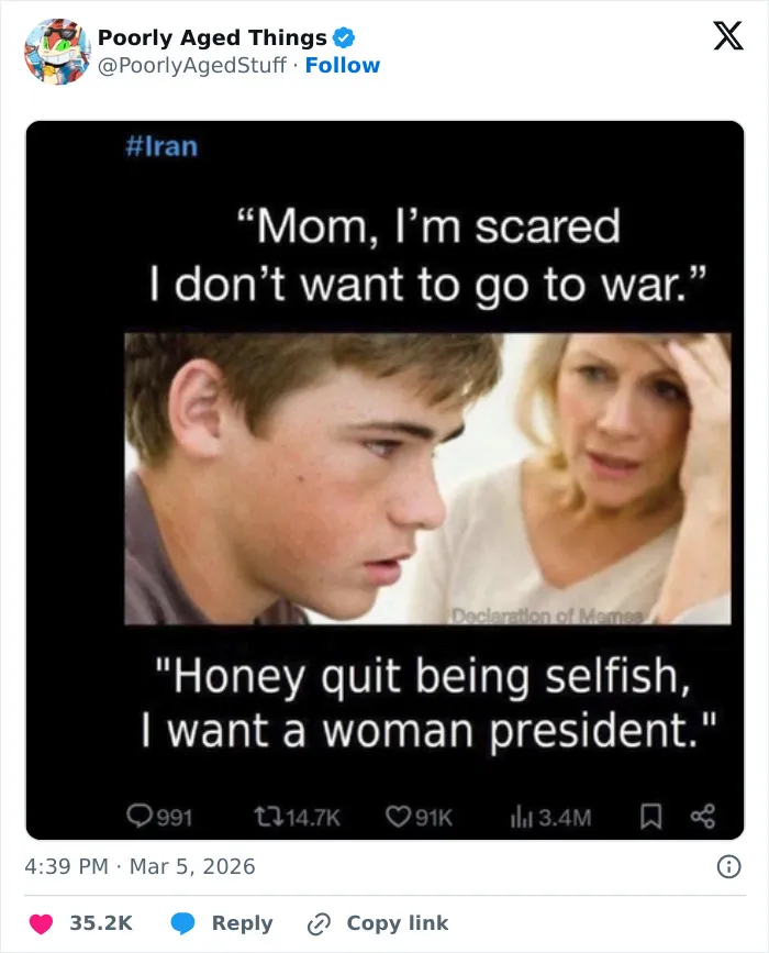 A social media meme about draft and war fears under a woman president, exemplifying things that aged poorly.