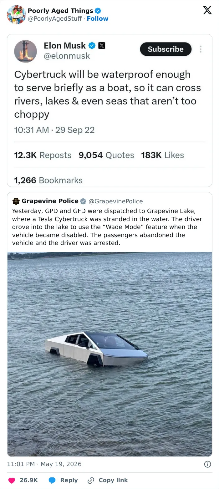 A tweet by Elon Musk about Cybertruck being waterproof that aged so poorly