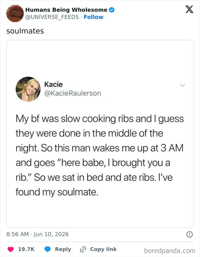 Wholesome tweet about a boyfriend bringing ribs at 3 AM showing soulmate love