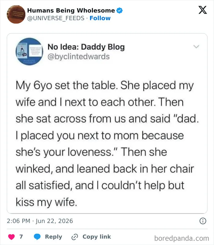 Wholesome 6-year-old sets table placing parents next to each other with loving gesture