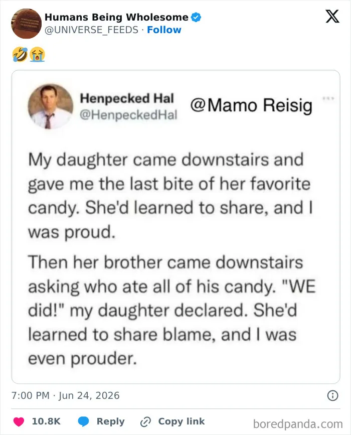 Wholesome story of children sharing candy and family moments shared online