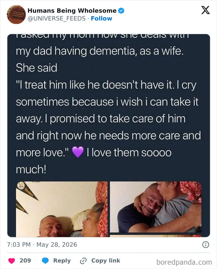 Wholesome moment showing care for a dad with dementia by his wife and family love