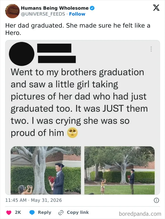 Little girl proudly photographing her grad father at a touching moment