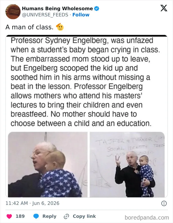 Professor comforting a crying baby in class, supporting mothers to attend lectures