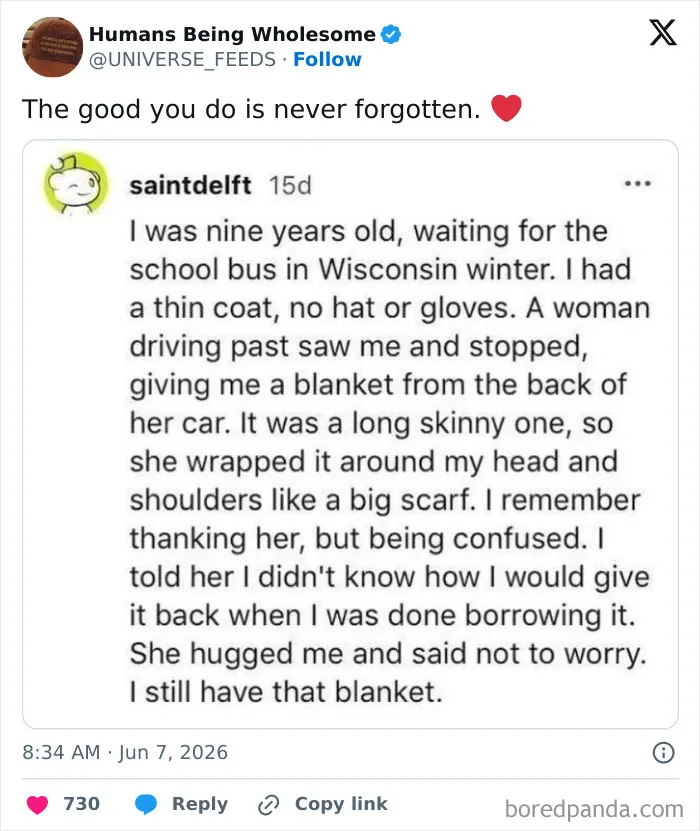Heartwarming story about a woman giving a blanket to a child in Wisconsin winter