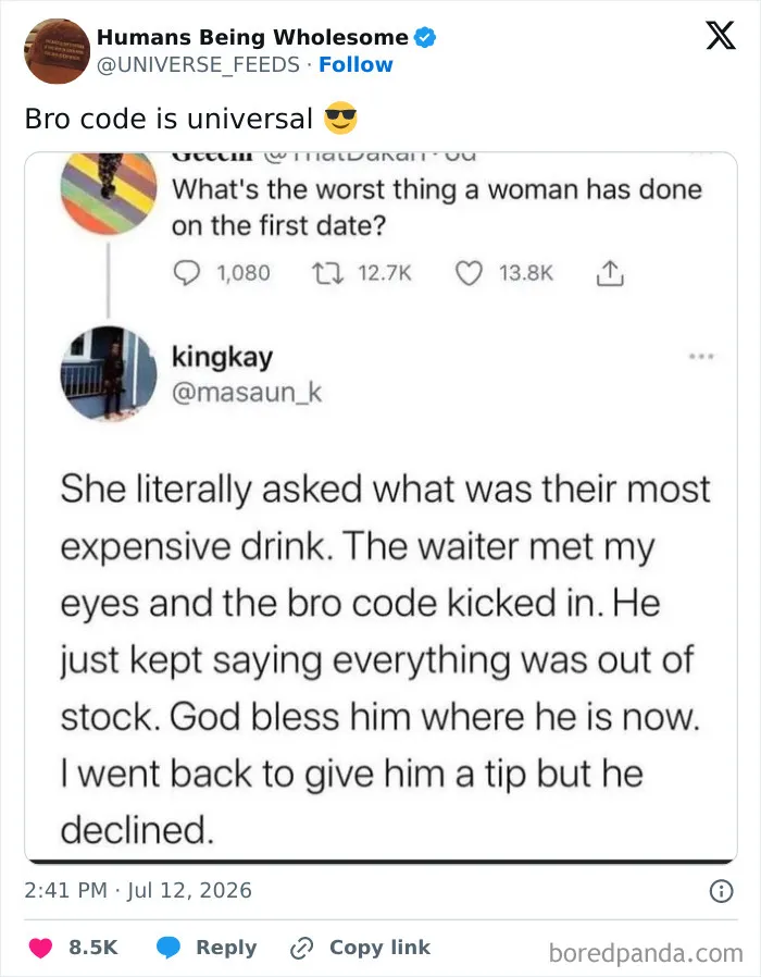 Bro code story shared online about a waiter helping on a first date