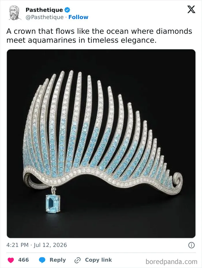 A wave-shaped crown made of aquamarines and diamonds representing timeless elegant history and culture