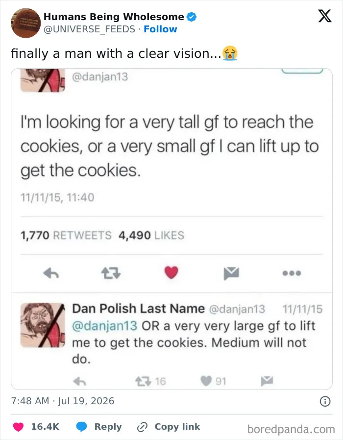 Wholesome tweet about finding a girlfriend to reach or lift to get cookies shared online