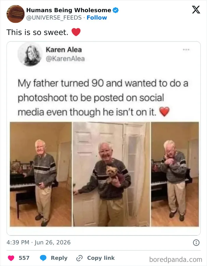Sweet photoshoot of a 90-year-old father wanting pictures posted on social media despite not being in them