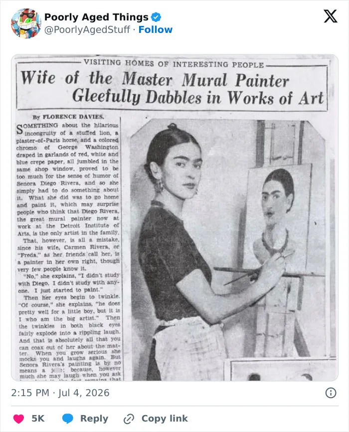 Old newspaper article about Frida Kahlo as Diego Rivera's wife that aged so poorly