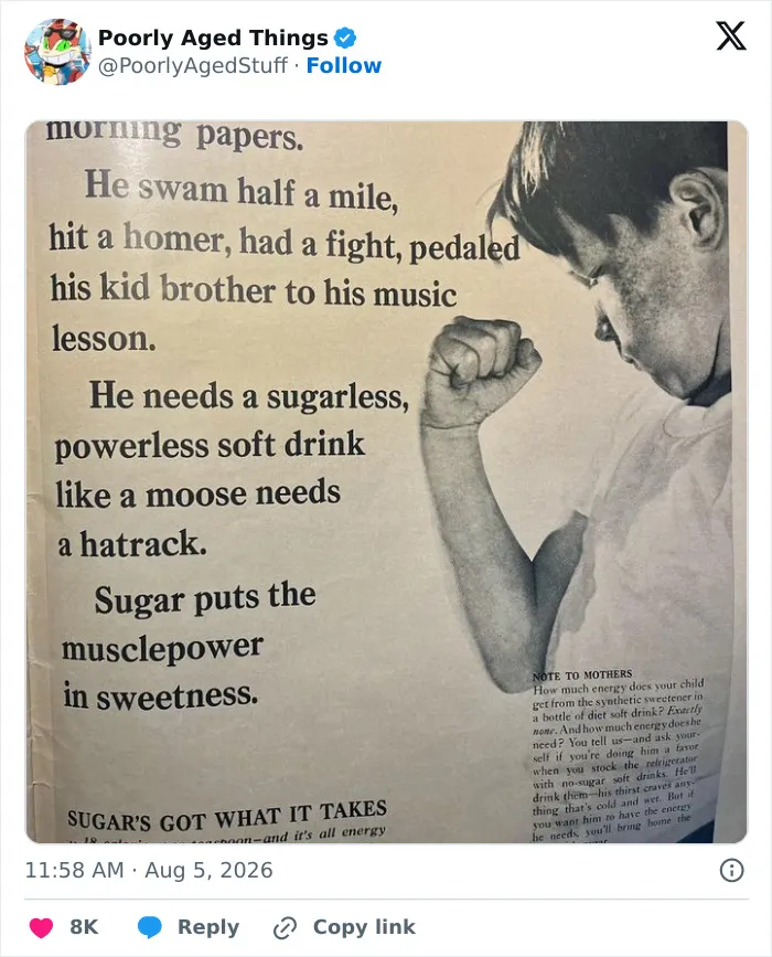 An old print ad claiming sugar puts muscle power in sweetness, highlighting health trends that aged poorly.