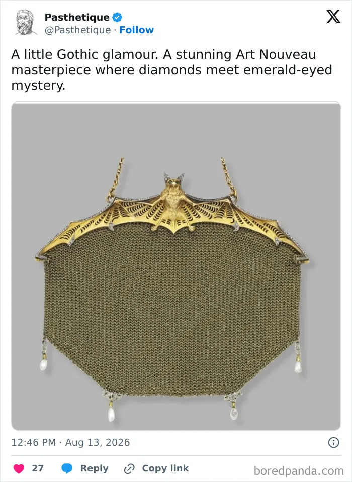 An Art Nouveau style mesh purse featuring a gold bat, blending aesthetic art and history