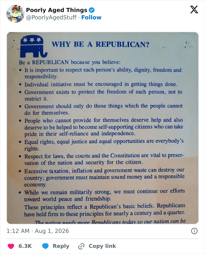 An old document titled Why Be A Republican? listing principles, highlighting things that aged poorly over time.