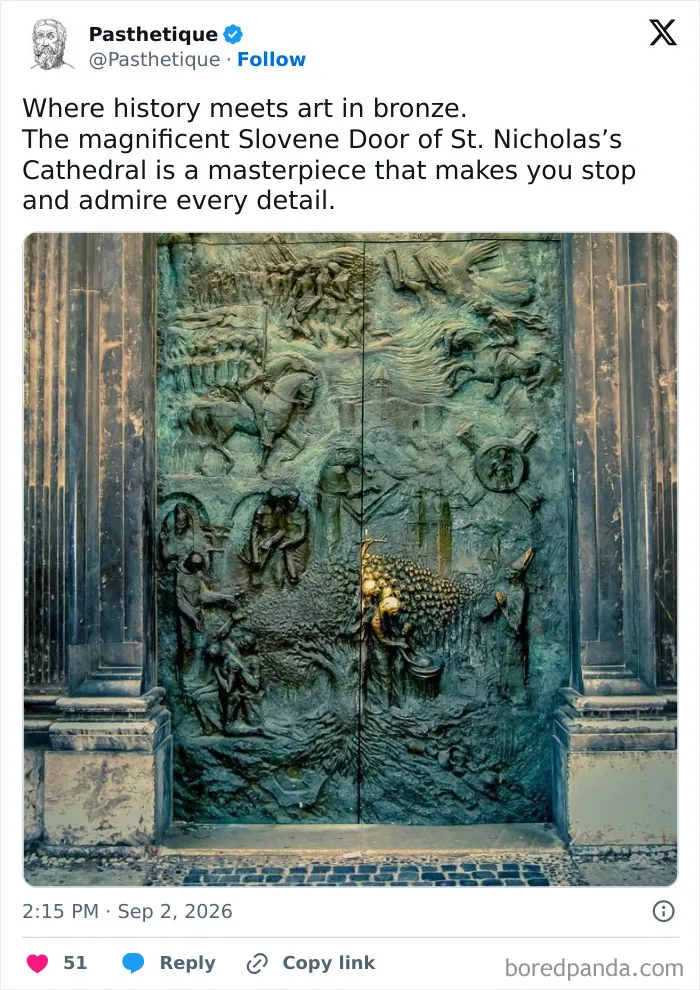 The bronze Slovene Door of St. Nicholas's Cathedral, showcasing rich history and culture.