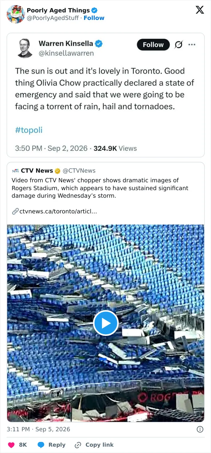 A Tweet mocking a weather emergency warning right before a storm caused stadium damage, representing things that aged poorly.