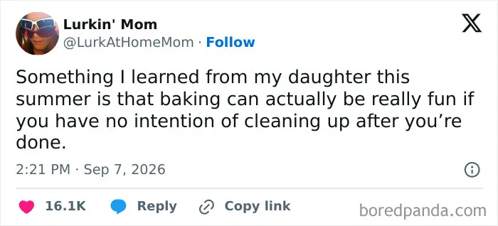 A post where parents vented on social media about how fun baking is when you do not clean up.