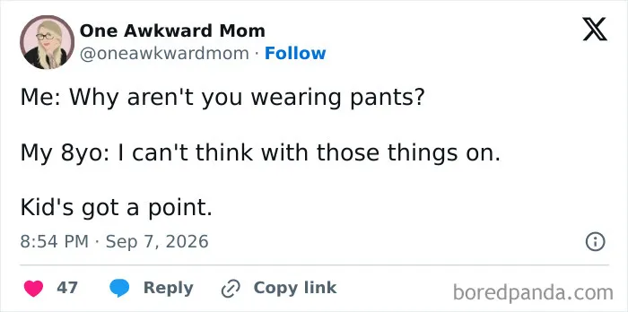 Humorous social media post of parents venting about their child refusing to wear pants.