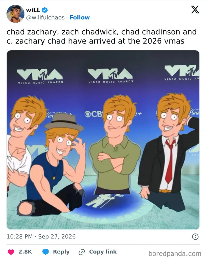 Cartoon characters at the VMAs 2026, representing memes of the night.