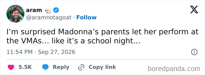 Tweet joke about Madonna at the VMAs 2026, becoming one of the memes of the night.