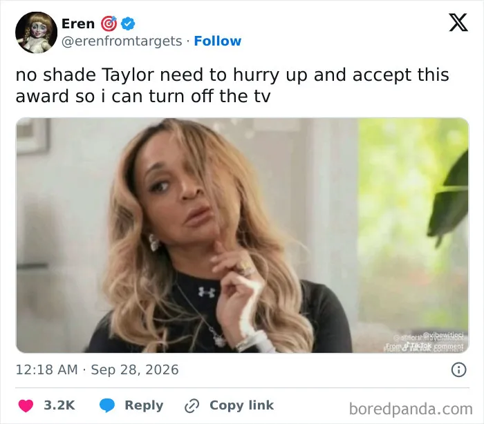 An X post featuring a meme about waiting for Taylor Swift to receive her award at the VMAs 2026