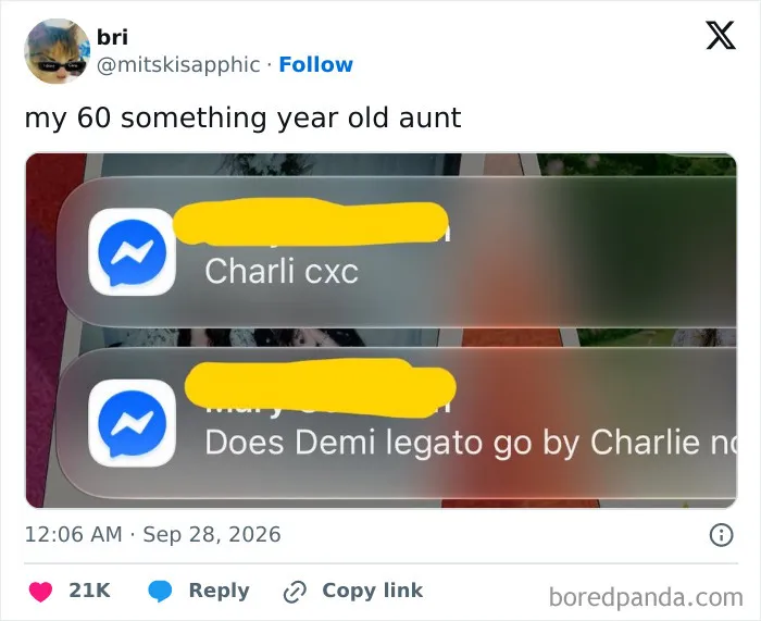 Text messages about Charli XCX and Demi Lovato in VMAs 2026 memes