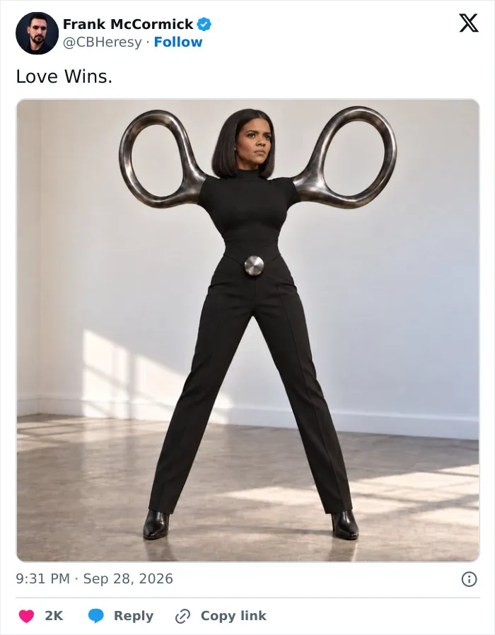 Meme showing a conservative figure styled like scissors, referencing their alleged lesbian past.