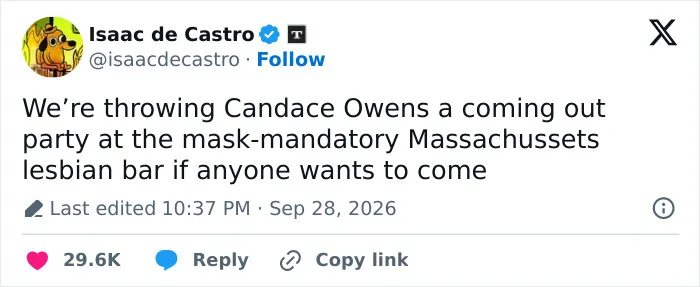 A social media post talking about a coming out party for a conservative figure’s alleged lesbian past.