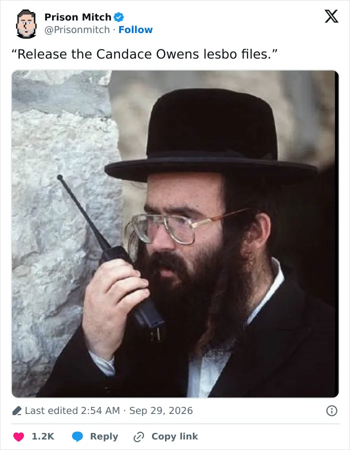 A meme referencing a conservative figure’s alleged lesbian past with a man on a walkie-talkie.