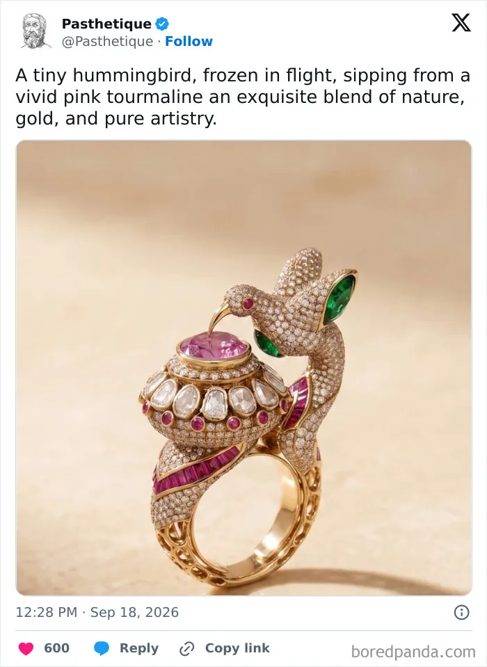 An aesthetic art piece featuring a gold hummingbird ring with pink tourmaline