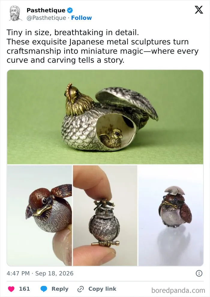 Miniature Japanese metal sculptures of birds representing intricate craftsmanship and culture.