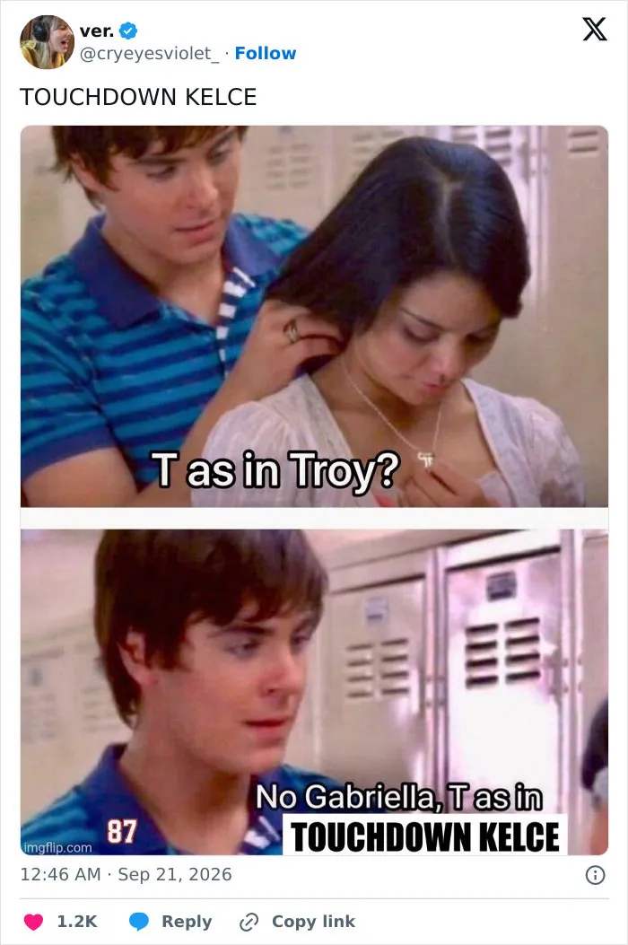 High School Musical meme referencing Taylor Swift's reactions and Kelce.