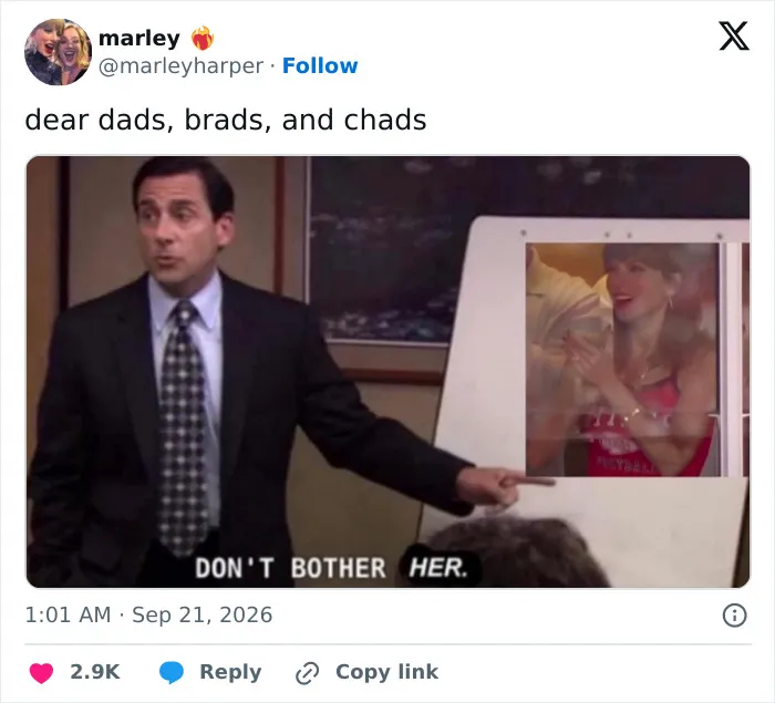 Michael Scott meme with Don't bother her text about Taylor Swift's reactions.