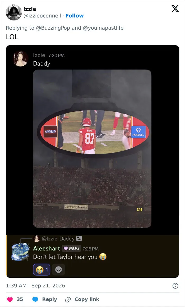 A meme referencing Taylor Swift in reaction to Travis Kelce on a stadium screen.