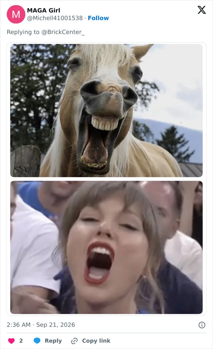 Side-by-side comparison meme of a laughing horse and Taylor Swift with her mouth open wide.