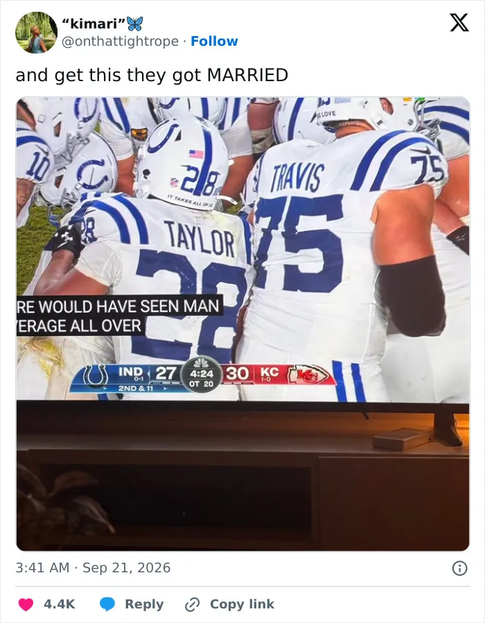 Football players with jerseys reading Taylor and Travis standing next to each other on the field.