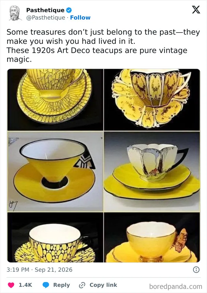 Stylish yellow 1920s Art Deco teacups displaying vintage aesthetic art.