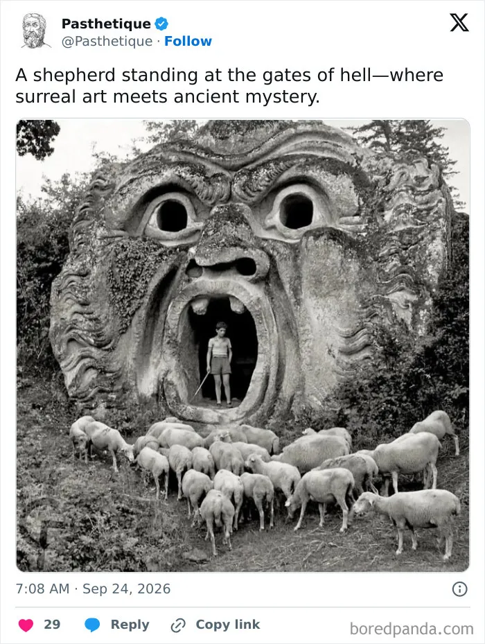 A shepherd stands inside a massive stone face, reflecting history and culture