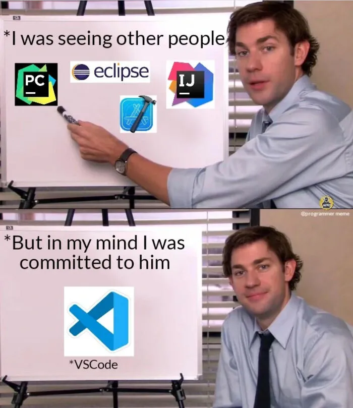 Programmer meme about commitment to VSCode over other IDEs like Eclipse and IntelliJ