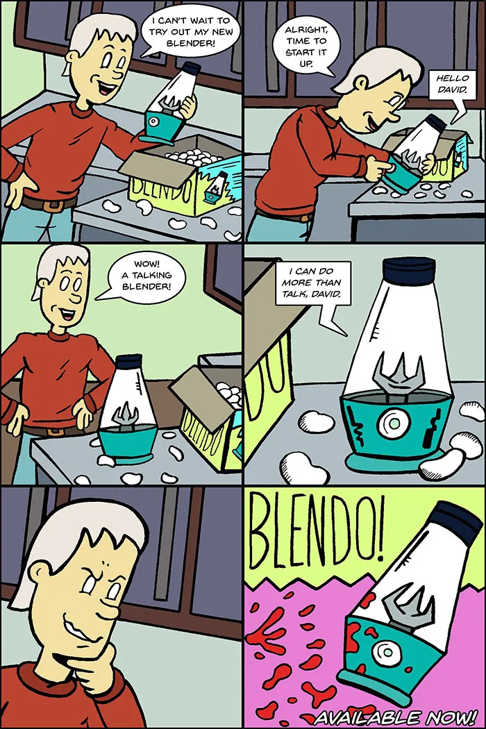 A comic strip about a talking blender from One And Only Comics.