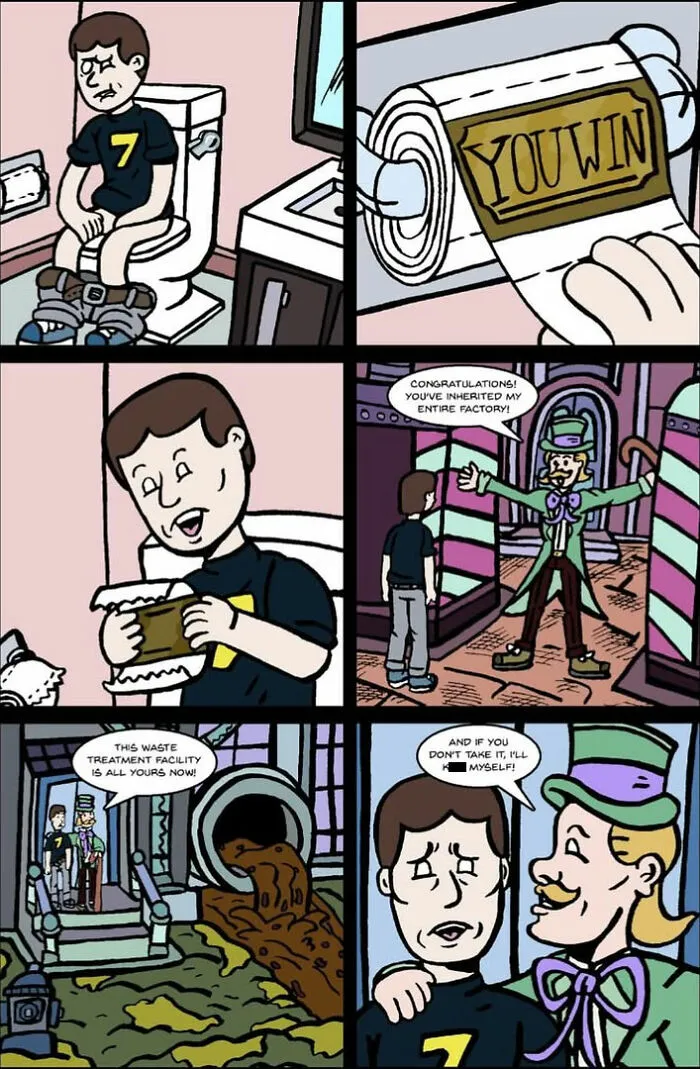 A man finding a winning ticket on toilet paper in this dark and twisted One And Only Comics panel.